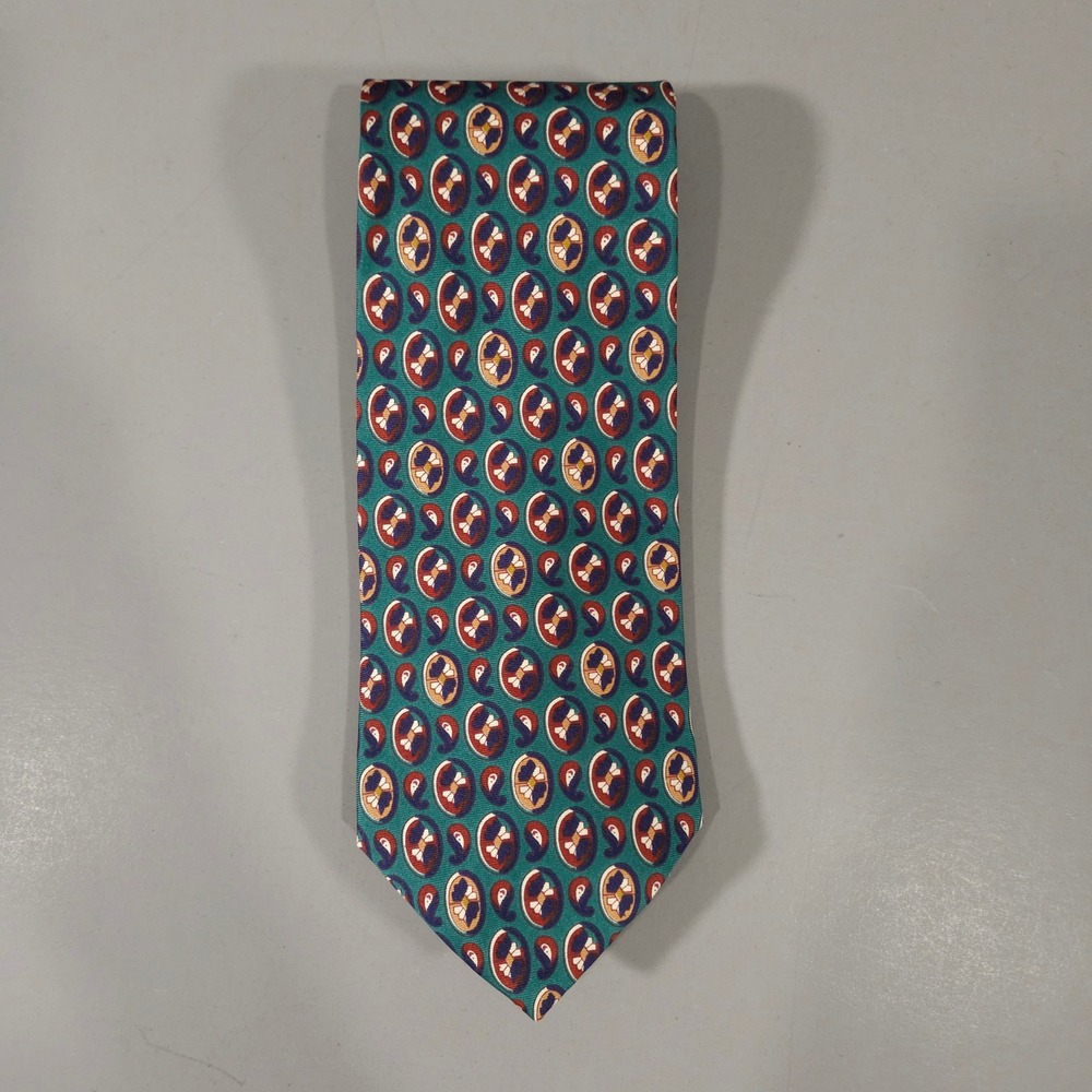 Christian Dior Tie Mens OS Teal Geometric Paisley Medallion Silk Vintage USA